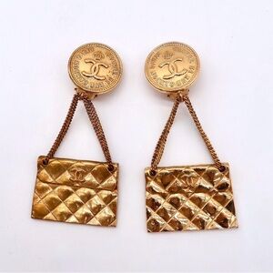 Coco Chanel Vintage Gold Metal CC Coin and Quilted Flap Bag Drop Earrings 1993